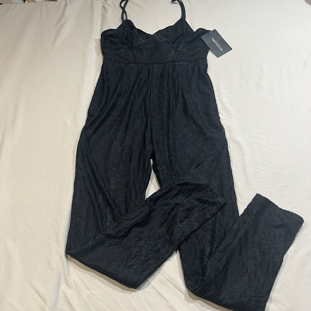 PLT Black Strappy Lace Trim Textured Jumpsuit US 10